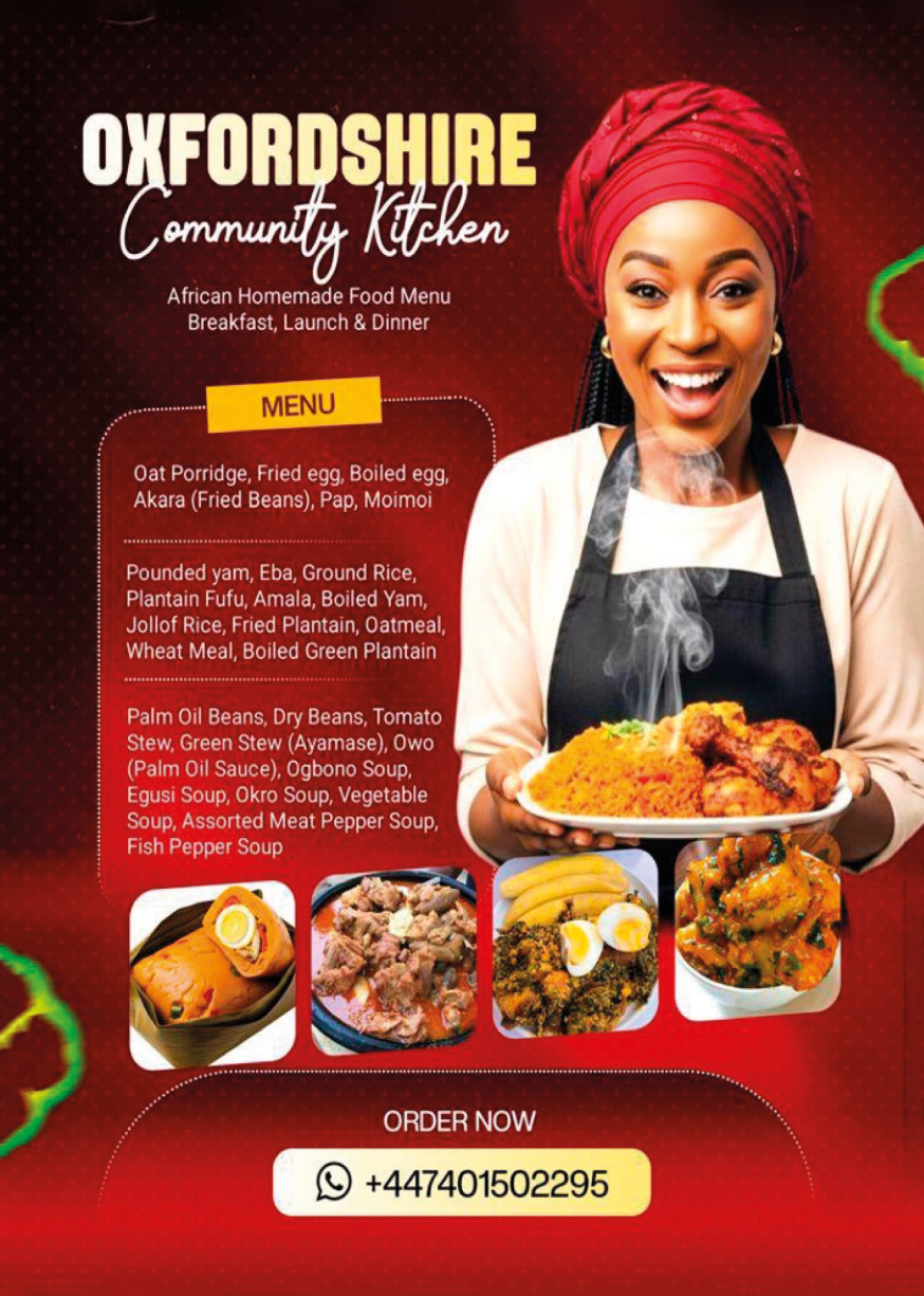 Oxfordshire Community Kitchen food flyer showing Nigerian dishes